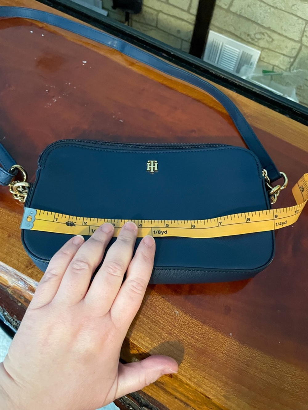 Tommy Hilfiger Blue Crossbody Bag Vinyl Double Zipper Gold Accents - EUC - Picture 7 of 10